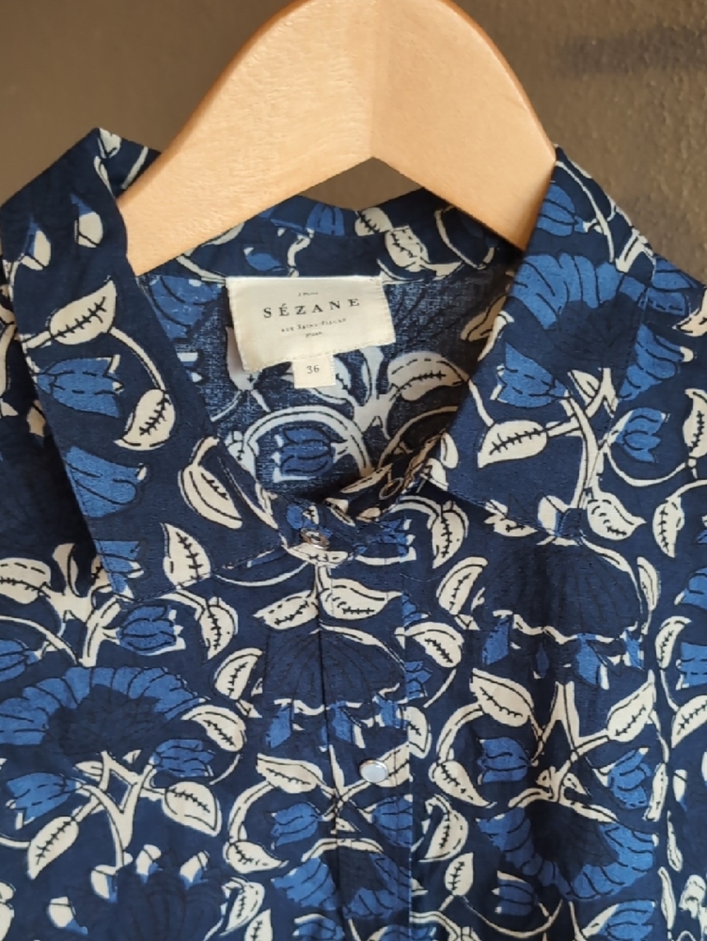 Sézane Navy & Cream Floral Pierro Shirt Santorini Print 100% Cotton - Picture 5 of 7
